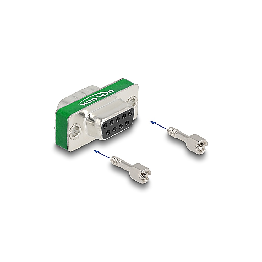 Un connettore D-sub argentato con una striscia verde e due viti argentate. Frecce blu indicano le viti e il connettore.