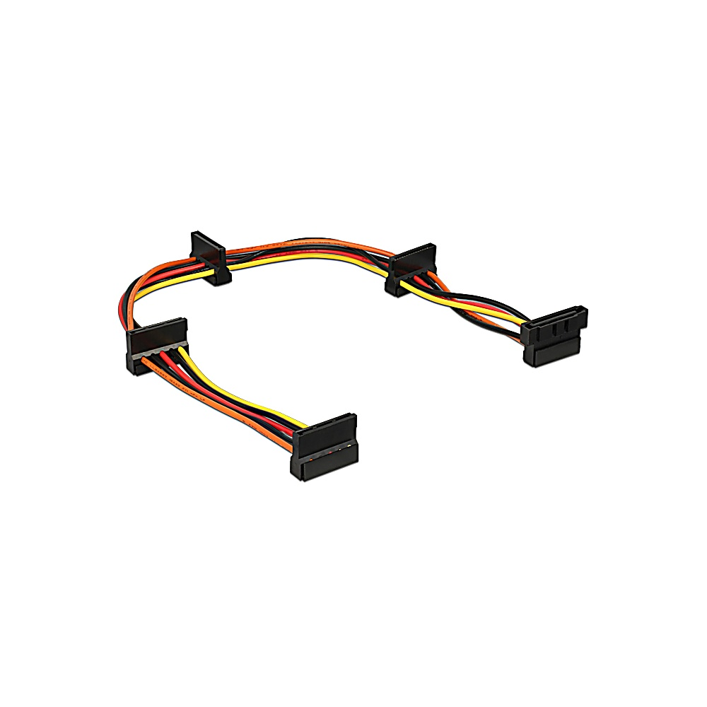 Un cavo per computer con connettori neri e fili colorati (giallo, rosso, arancione, nero) collegati ad altri connettori neri.