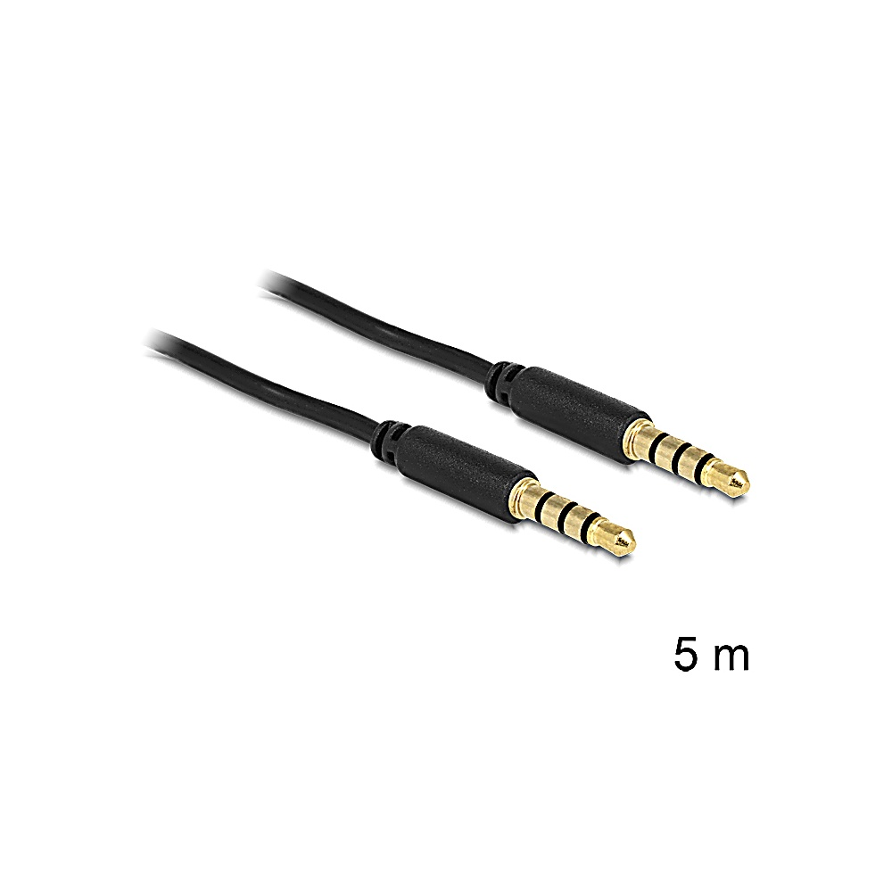 Due cavi audio neri con connettori dorati su superficie bianca. Visibile la scritta '5 m'.