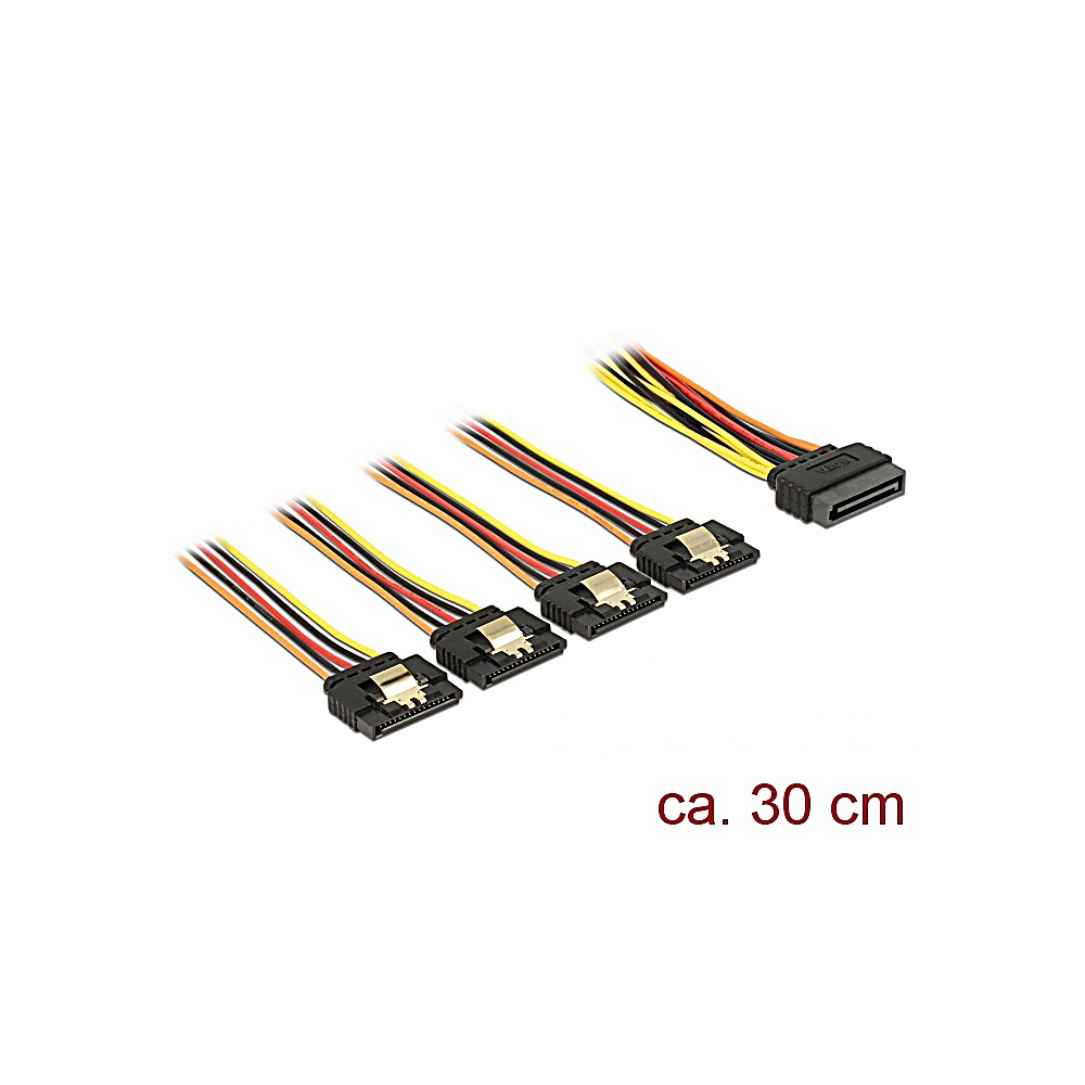 Pięć kabli danych SATA z czarnymi złączami i wielokolorowymi przewodami. Obecny tekst 'ca. 30 cm'. Białe tło.