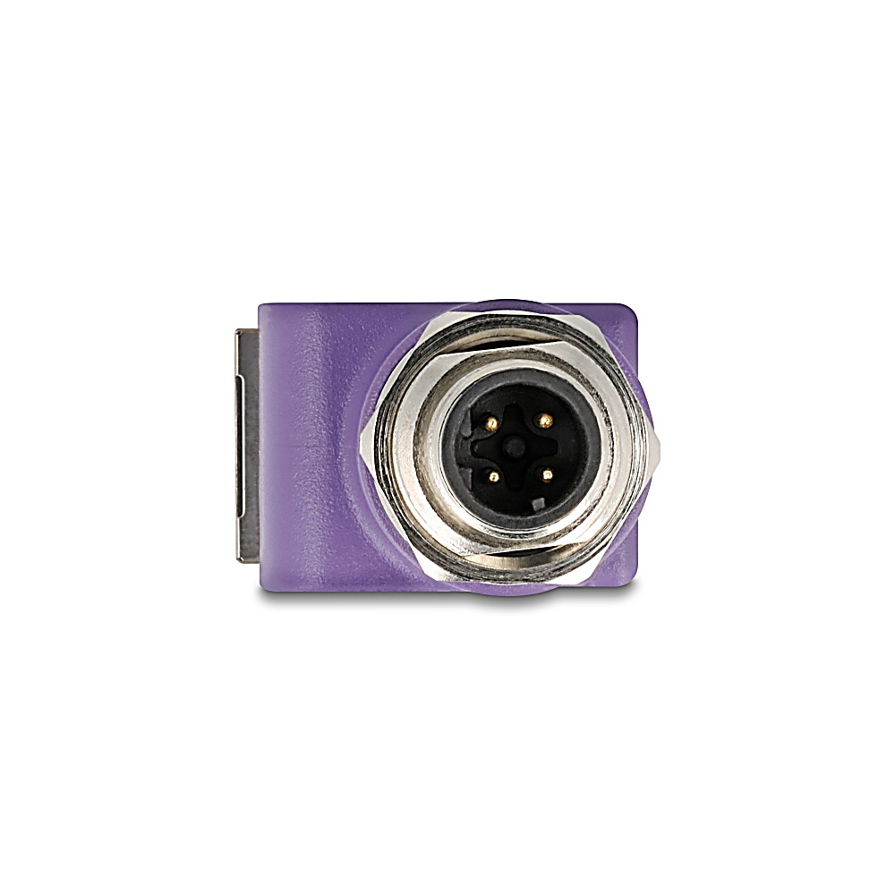 Primo piano di un connettore viola con un componente circolare argentato e quattro pin dorati. Sfondo bianco.