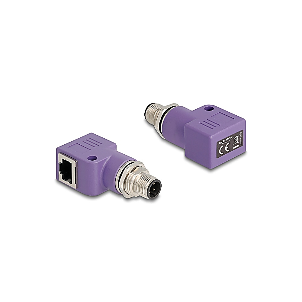 Due connettori viola con estremità metalliche su sfondo bianco. Uno ha una porta Ethernet, l'altro è angolato. Entrambi sono etichettati.