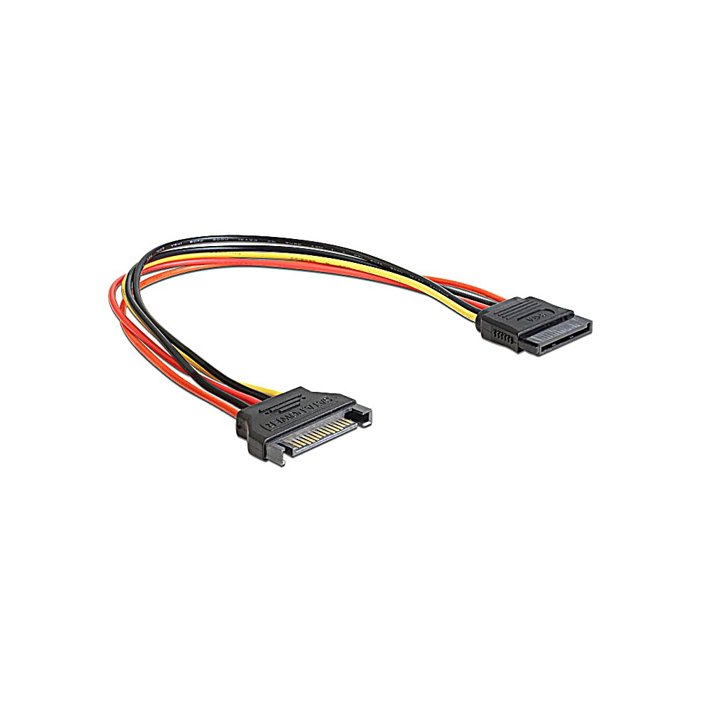 Cavo dati SATA con connettori neri e fili con codice colore (nero, rosso, giallo), su sfondo bianco.
