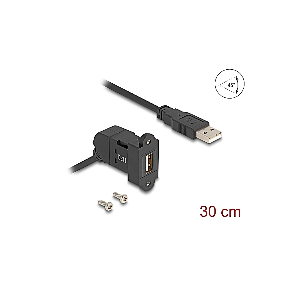 Porta USB nera con cavo, viti e indicatore angolare a 45 gradi, su sfondo bianco. Il testo '30 cm' è in basso.