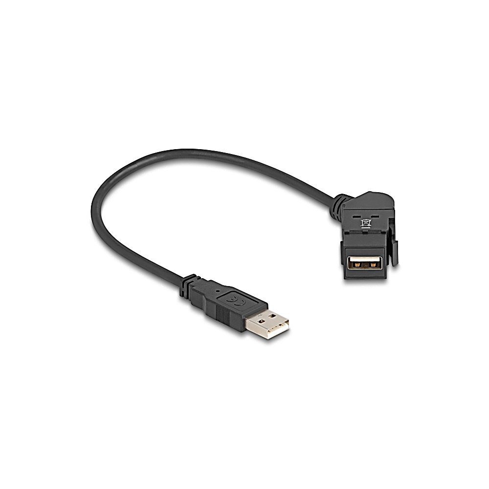 Un cavo USB nero con un connettore USB-A a un'estremità e una porta USB all'altra. Il cavo è curvo su sfondo bianco.