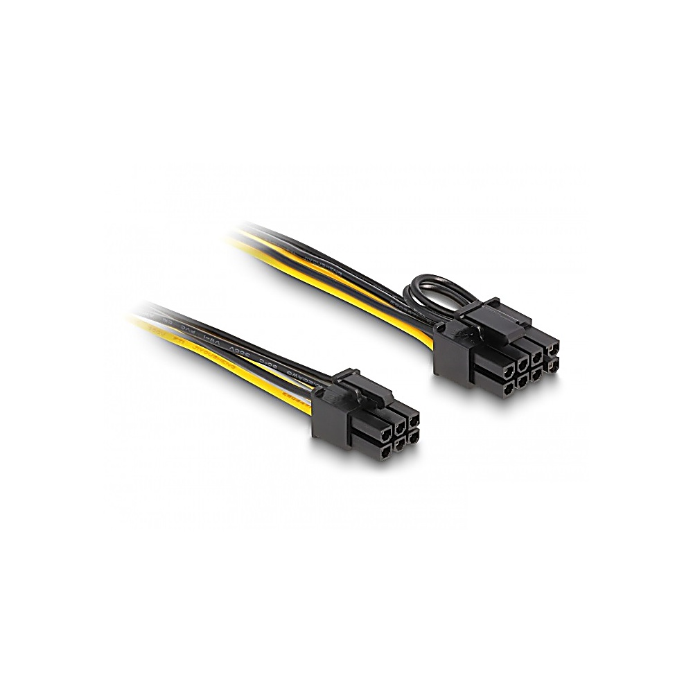 Due cavi di alimentazione PCI-E neri a 6+2 pin. Ogni cavo ha fili e connettori neri e gialli. Sfondo bianco.