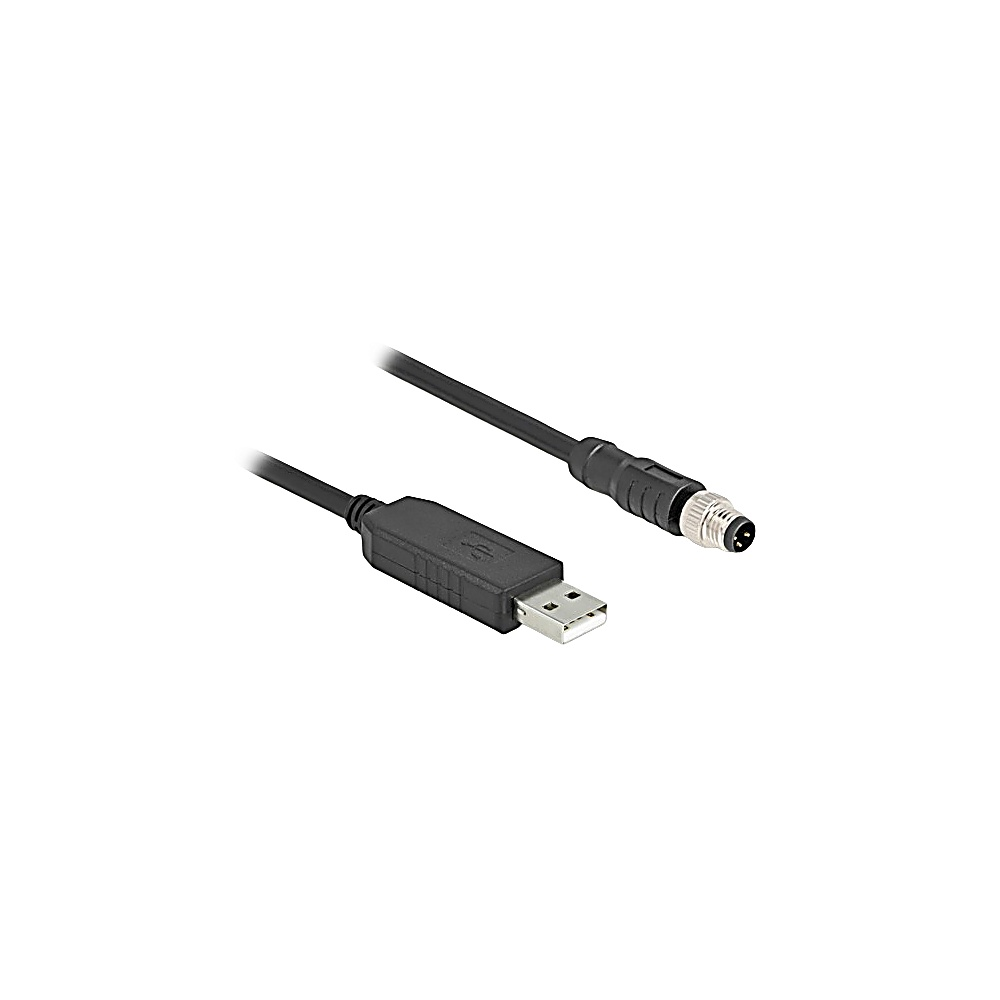 Un cavo USB nero con un connettore USB-A a un'estremità e un connettore circolare all'altra, su sfondo bianco.