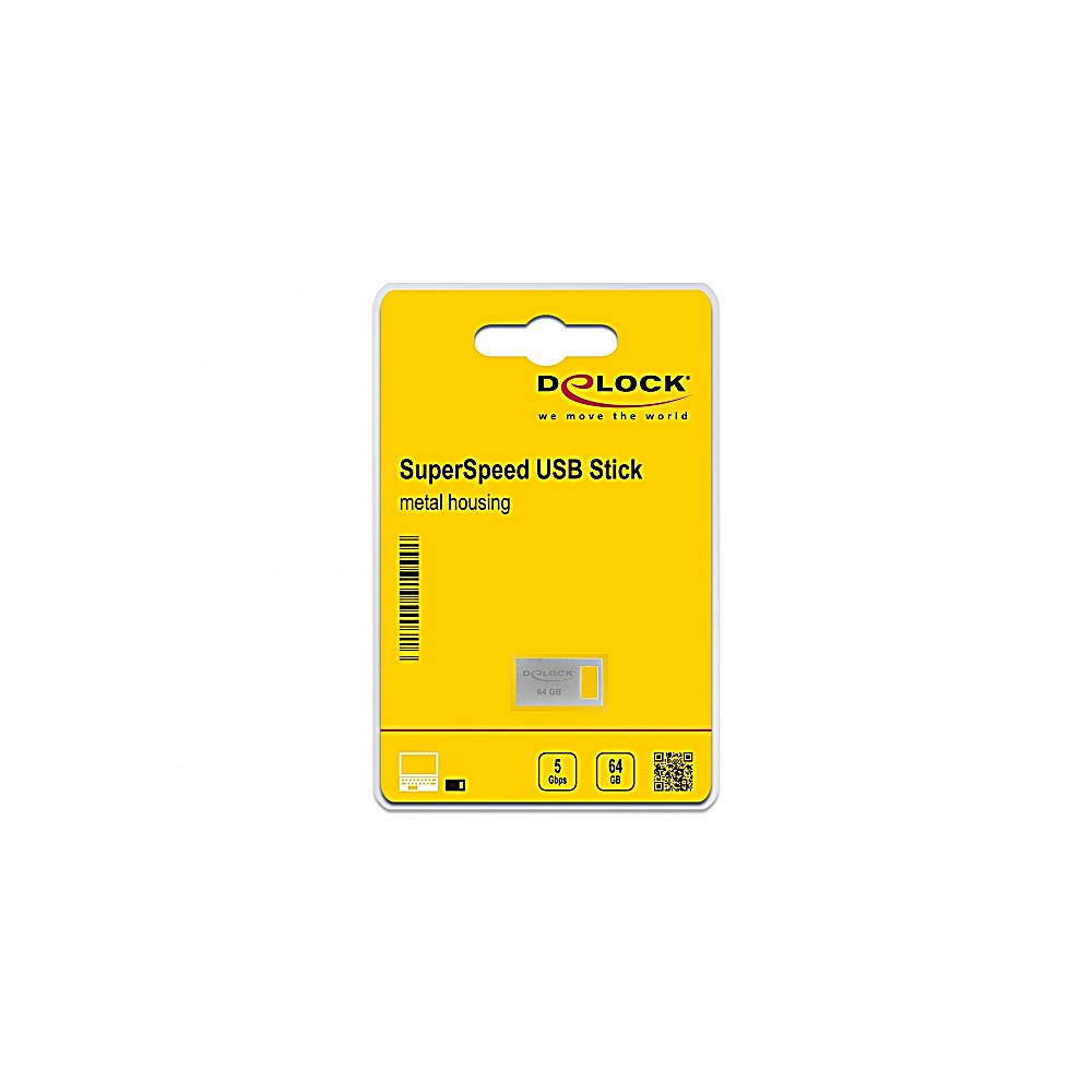 Żółto-białe opakowanie na pamięć USB SuperSpeed z logo Delock i szczegółami produktu. Ma 64 GB pamięci i prędkość 5 Gbps.