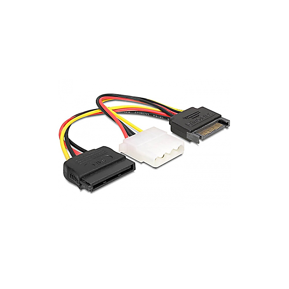 Kabel zasilający SATA z trzema złączami: dwa czarne i jedno białe, z czerwonymi, żółtymi i czarnymi przewodami. Izolowany na białym tle.