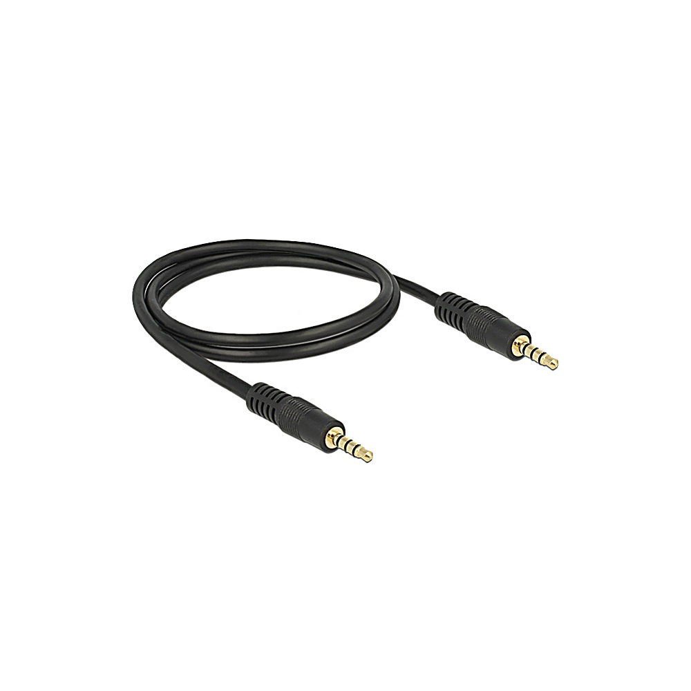A black audio cable with gold-colored connectors lies on a white surface. It has two male 3.5mm jack plugs.