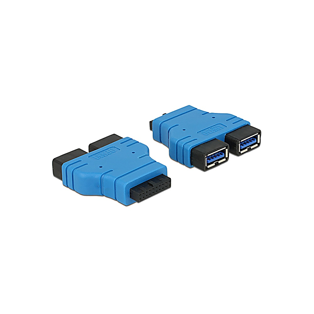 Due adattatori USB 3.0 blu su sfondo bianco. Ogni adattatore ha un connettore nero. Quello superiore ha due porte USB.