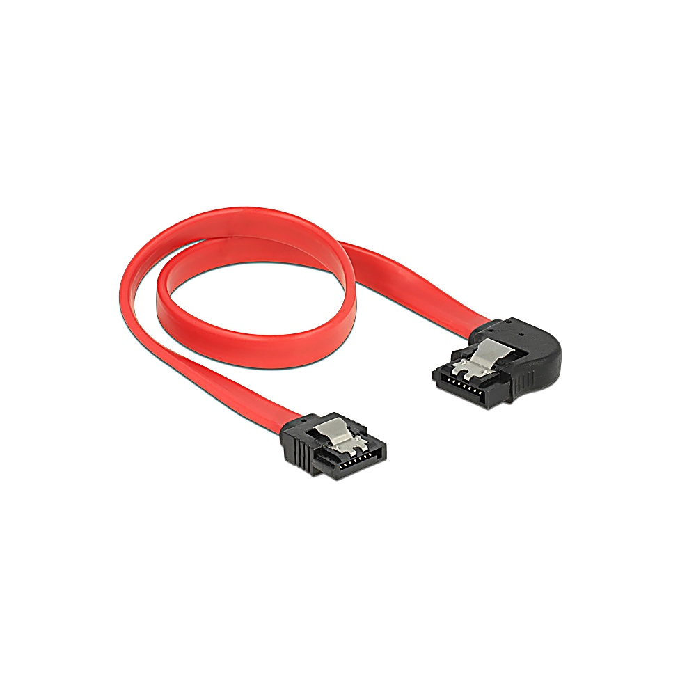 Czerwony kabel SATA z dwoma czarnymi złączami. Kabel jest zwinięty i leży na białym tle.