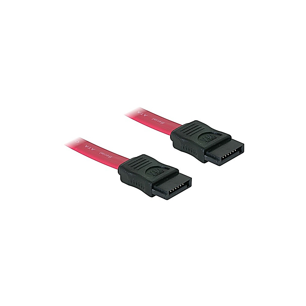 Dwa kable Serial ATA z czerwonymi przewodami i czarnymi złączami na białym tle. Kable są ustawione pod kątem.