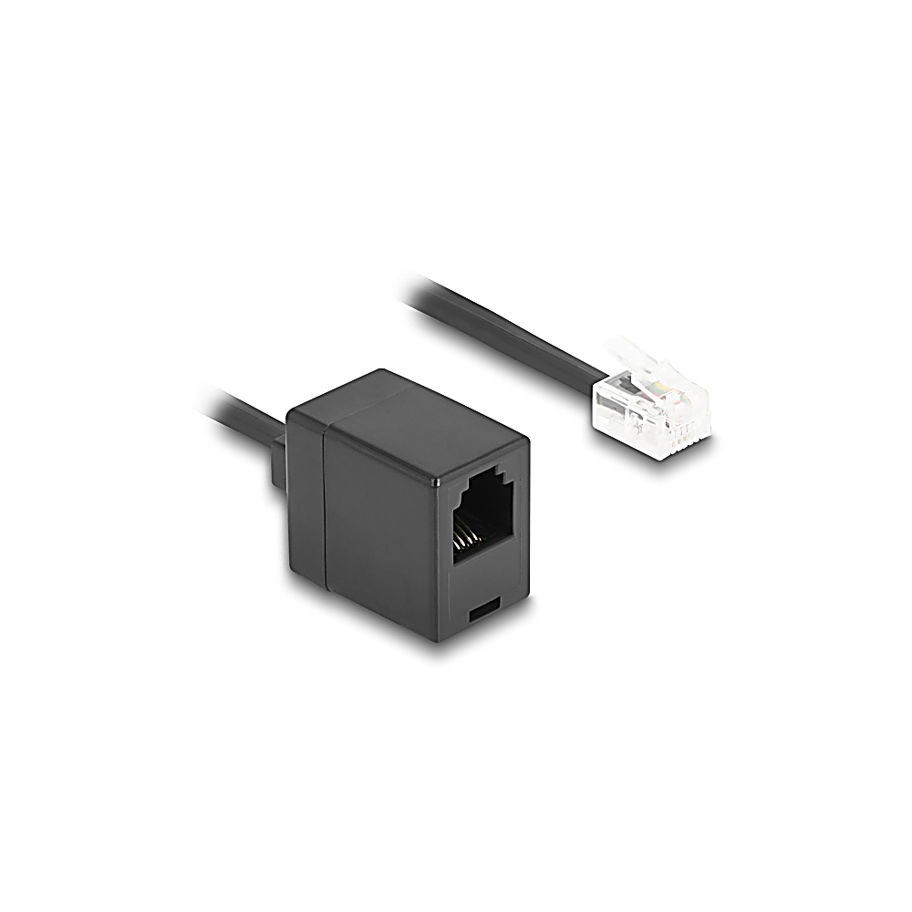 Un adattatore rettangolare nero con una porta e un cavo con connettore RJ11 trasparente. L'adattatore è collegato a un cavo nero.