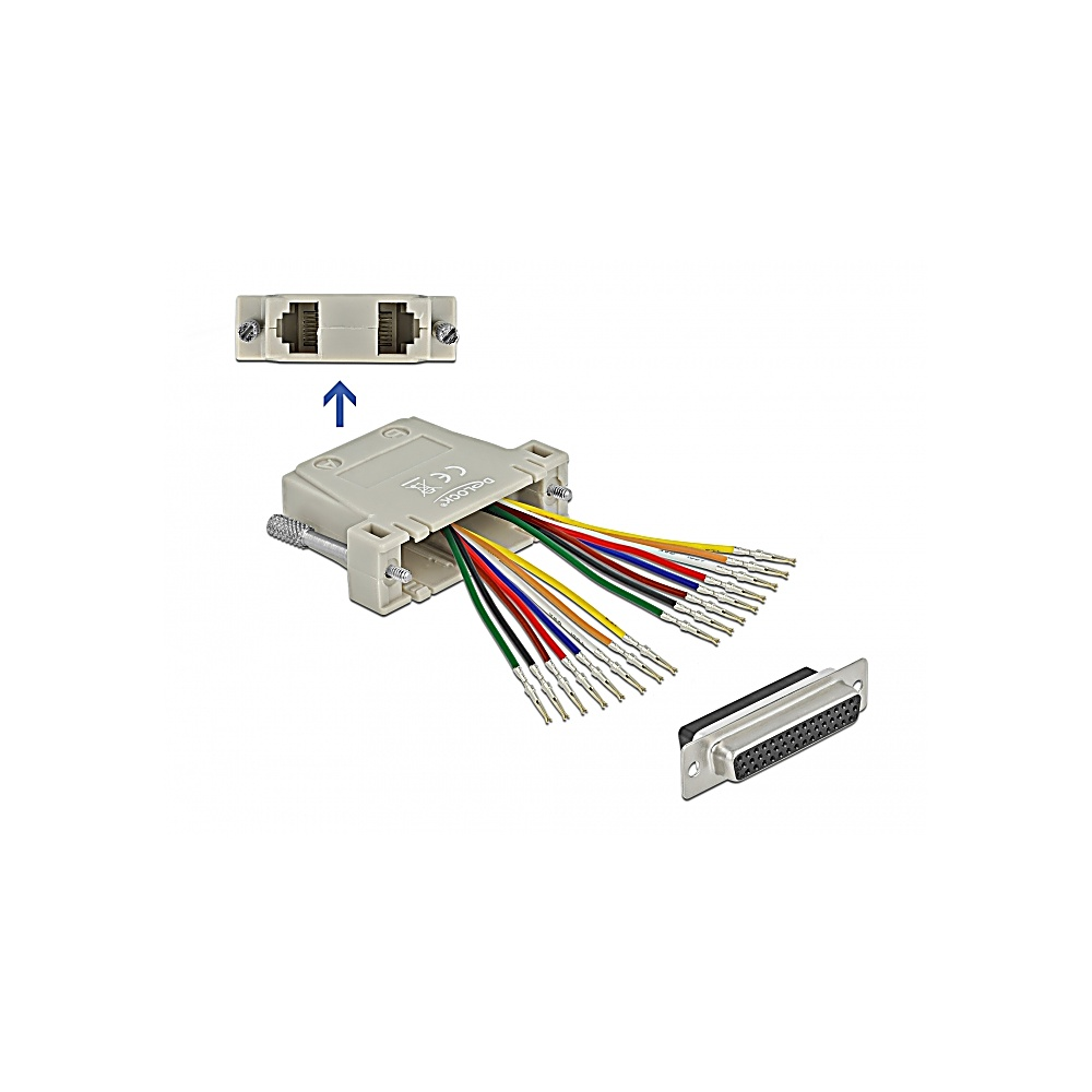 Un connettore grigio con fili colorati in estensione, accanto a una porta staccata e un connettore più piccolo sopra, tutto su sfondo bianco.