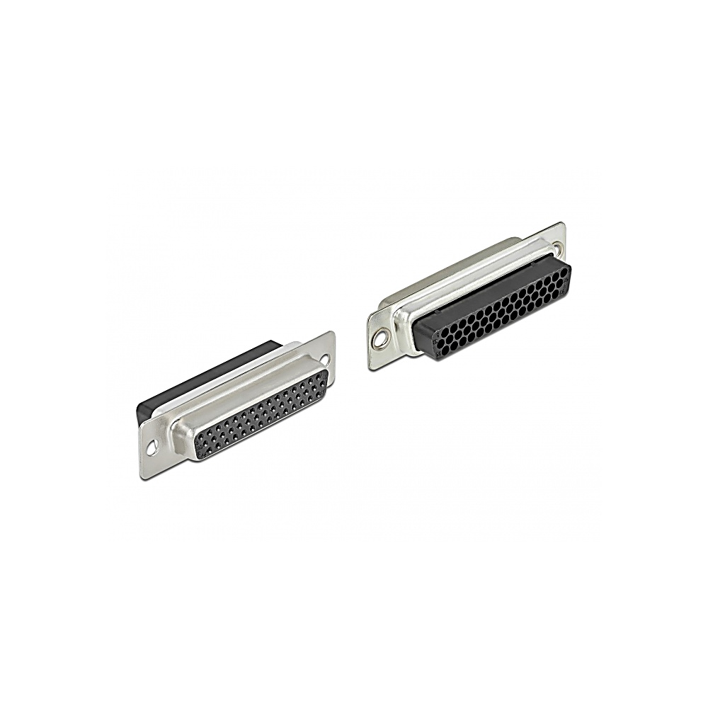 Due connettori D-sub su sfondo bianco. Sono argentati con inserti neri e multipli fori per i pin.