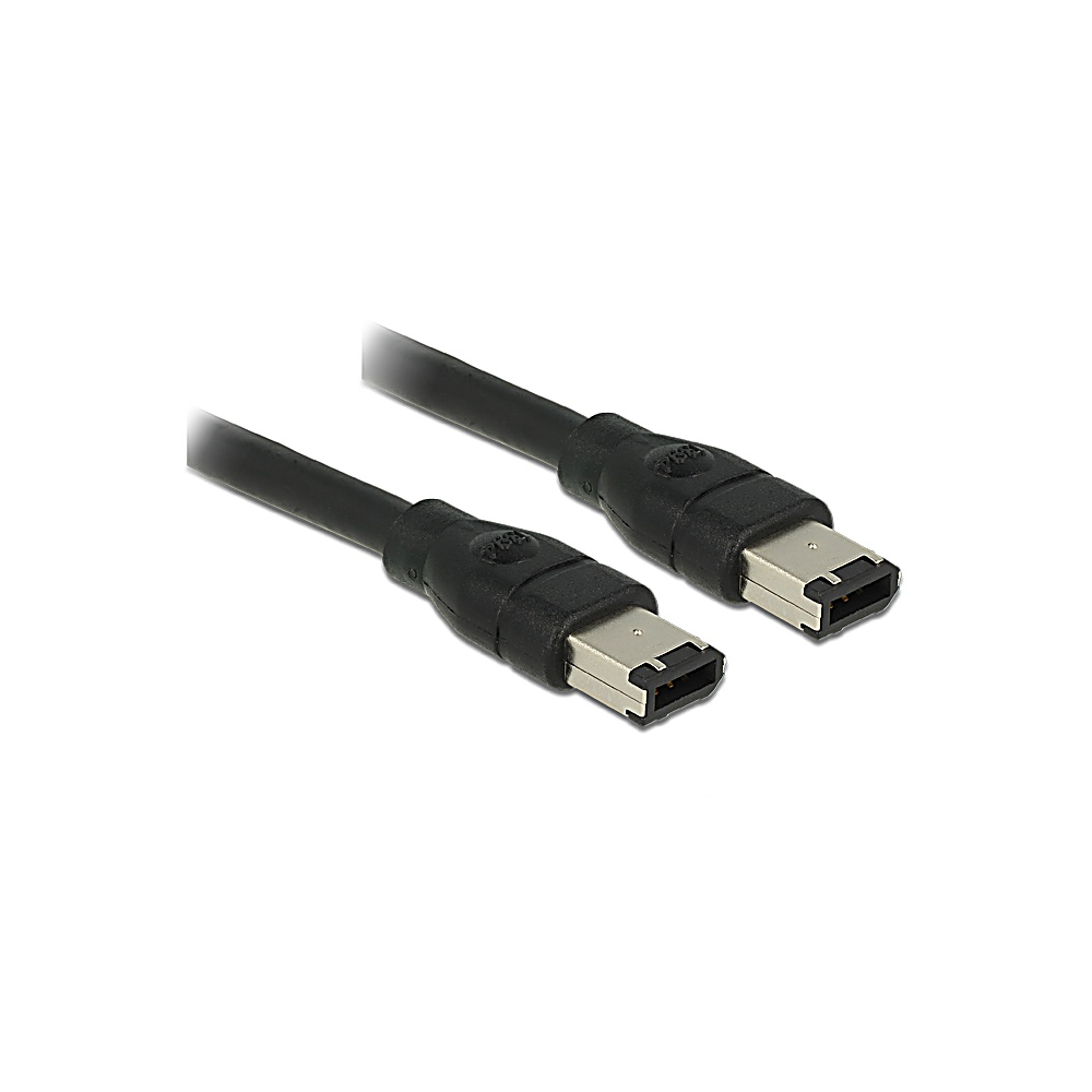 Due cavi FireWire neri su sfondo bianco. I connettori sono argento e neri. I cavi sono angolati verso l'alto a destra.