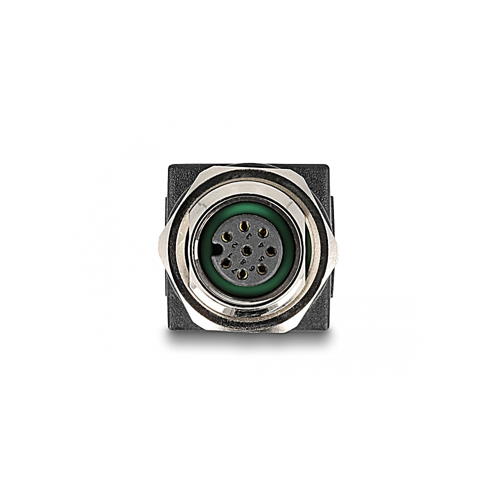 Primo piano di un connettore nero e argento. Il connettore ha un cerchio verde centrale con pin. Si trova su uno sfondo bianco.
