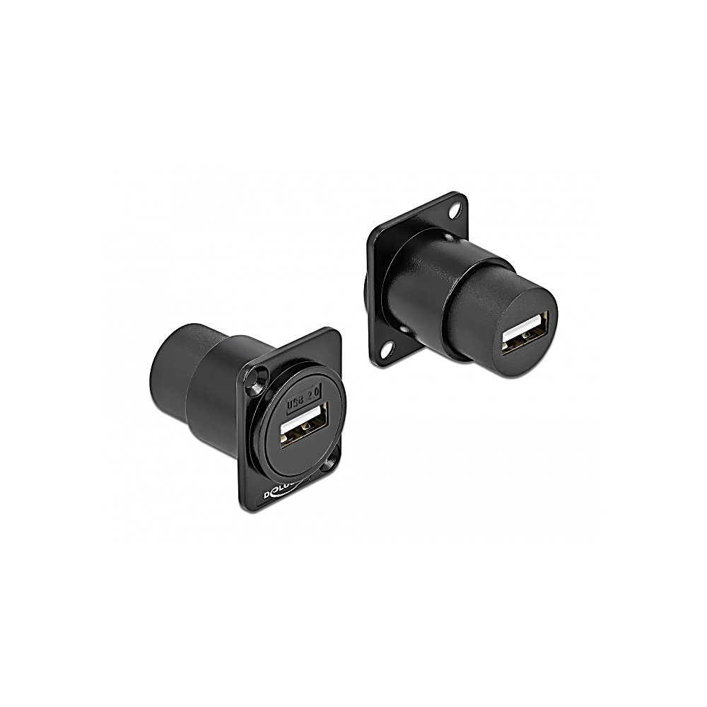 Dwa czarne złącza USB 2.0 na białym tle. Każde ma kwadratową płytkę czołową i cylindryczny korpus.