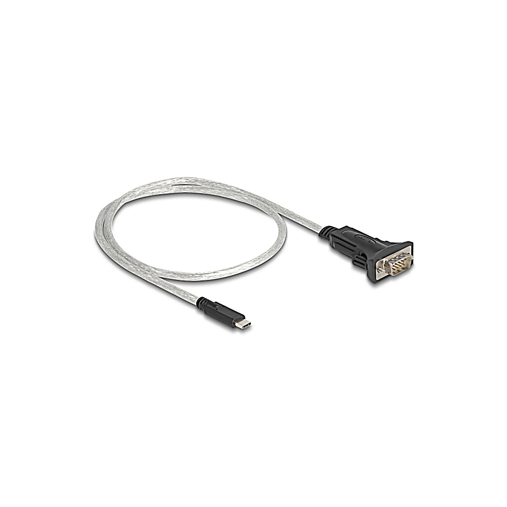 Un cavo USB argentato con un connettore nero a ciascuna estremità, uno USB standard, l'altro un connettore di porta seriale, su sfondo bianco.