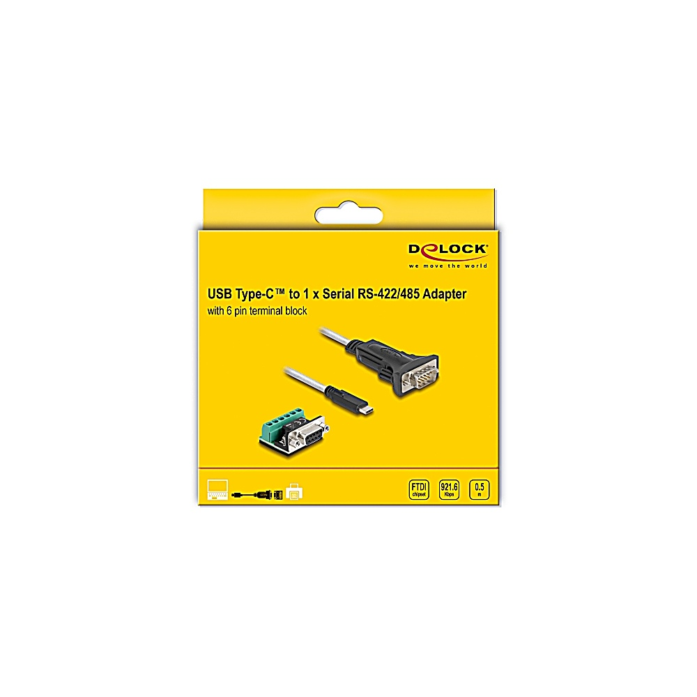 Scatola gialla con adattatore USB e componenti. Testo: Adattatore USB Type-C a seriale RS-422/485, morsettiera a 6 pin e logo del marchio.