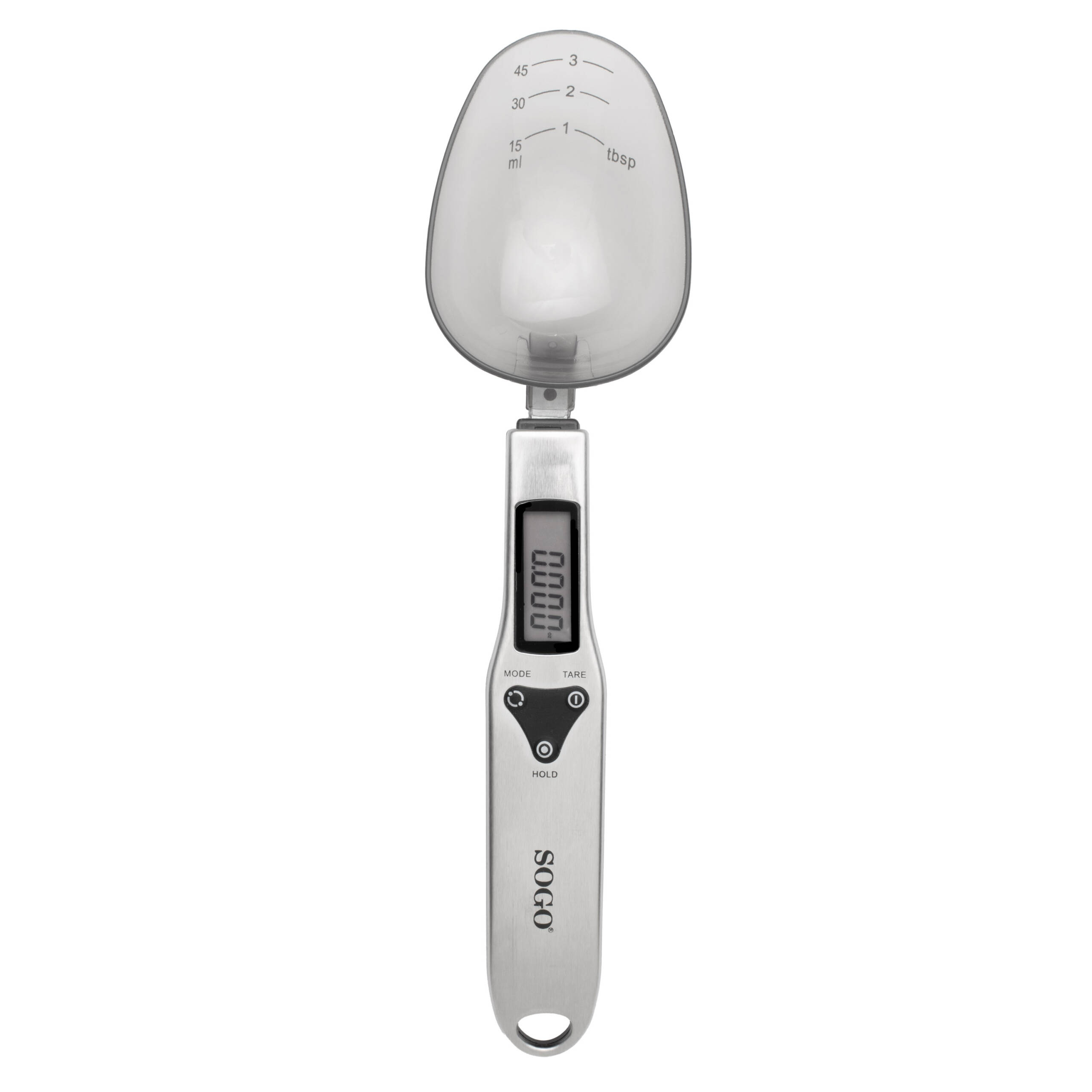 Una cuchara medidora digital con una cuchara transparente. El mango tiene una pantalla digital y botones. La marca es SOGO.