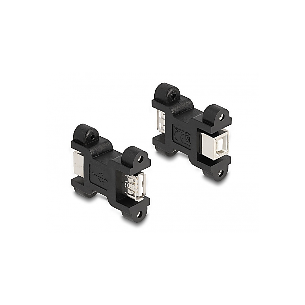 Due connettori USB neri su sfondo bianco. Ognuno ha una porta USB femmina e fori di montaggio.