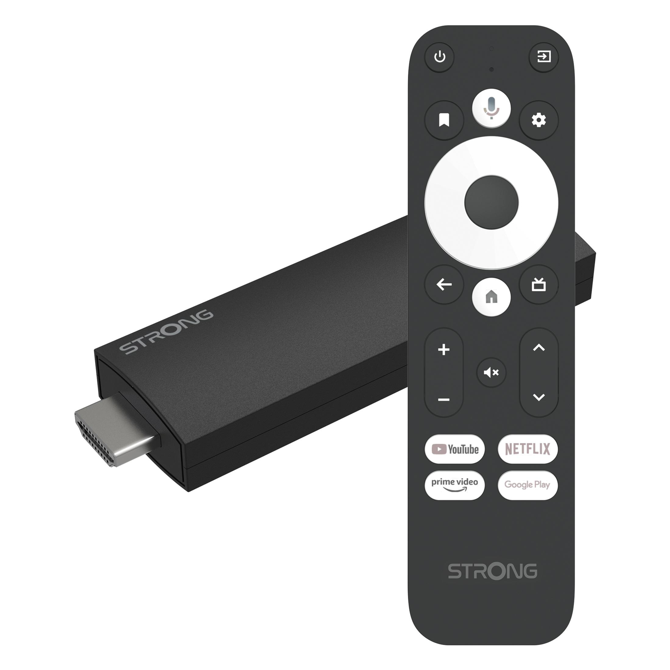 Un dispositivo de TV negro y un mando a distancia. El mando tiene botones para encendido, configuración, voz y servicios de streaming.