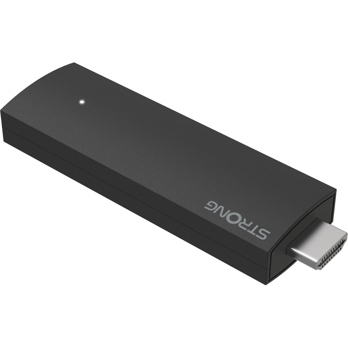 Un dispositivo rectangular negro con un conector USB-C se muestra sobre una superficie blanca. La palabra STRONG está impresa en el lateral.