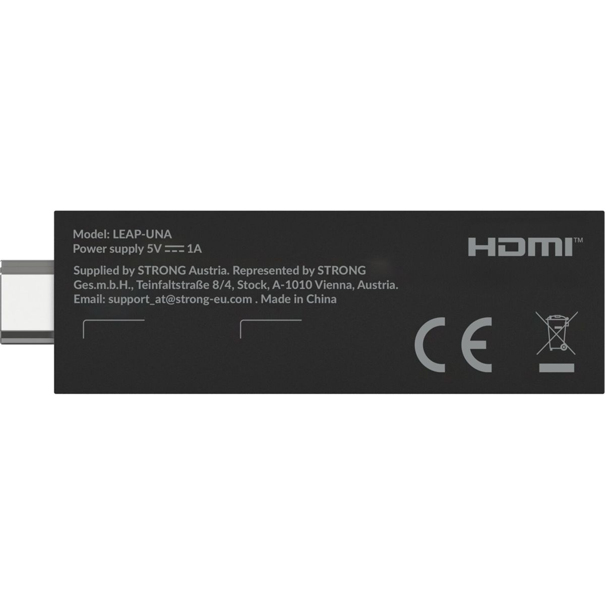 Un dispositivo negro con texto blanco. Tiene el logo HDMI y la marca CE. El texto incluye el modelo, la fuente de alimentación, detalles de la empresa y Hecho en China.