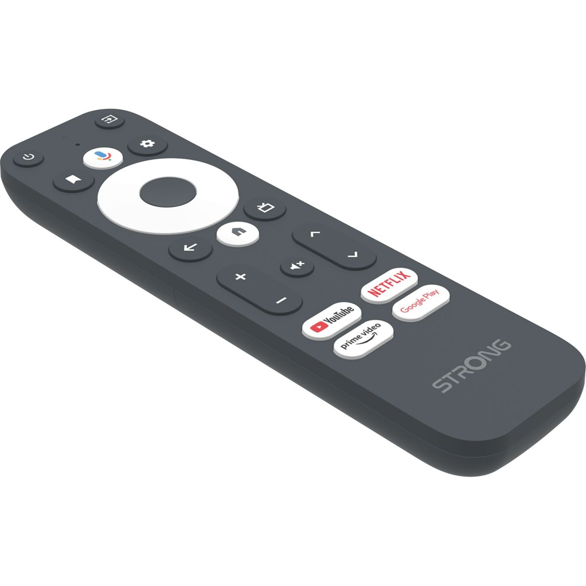 Un mando a distancia gris oscuro con botones blancos y de colores. Tiene un botón circular grande y botones para Netflix, Youtube y Google Play.