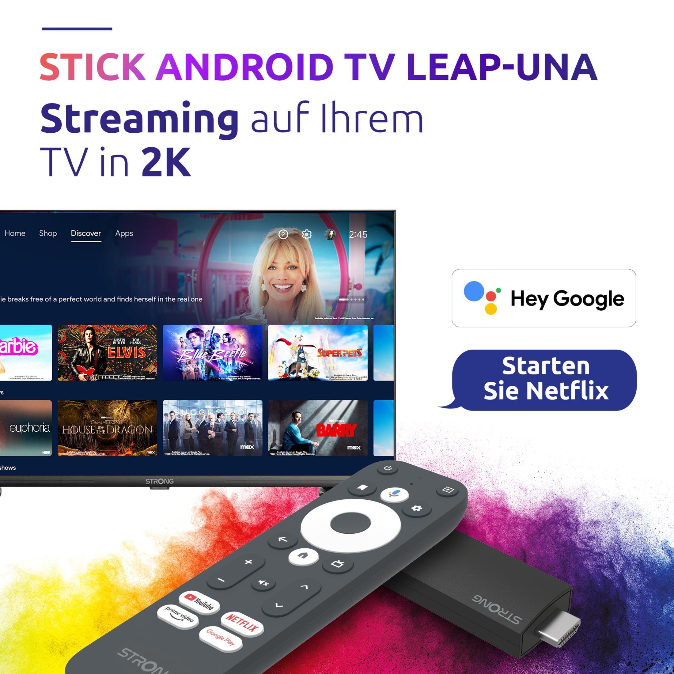 Android TV stick con mando, TV mostrando selecciones de películas, y mensajes de Hey Google/Netflix. Fondo colorido.