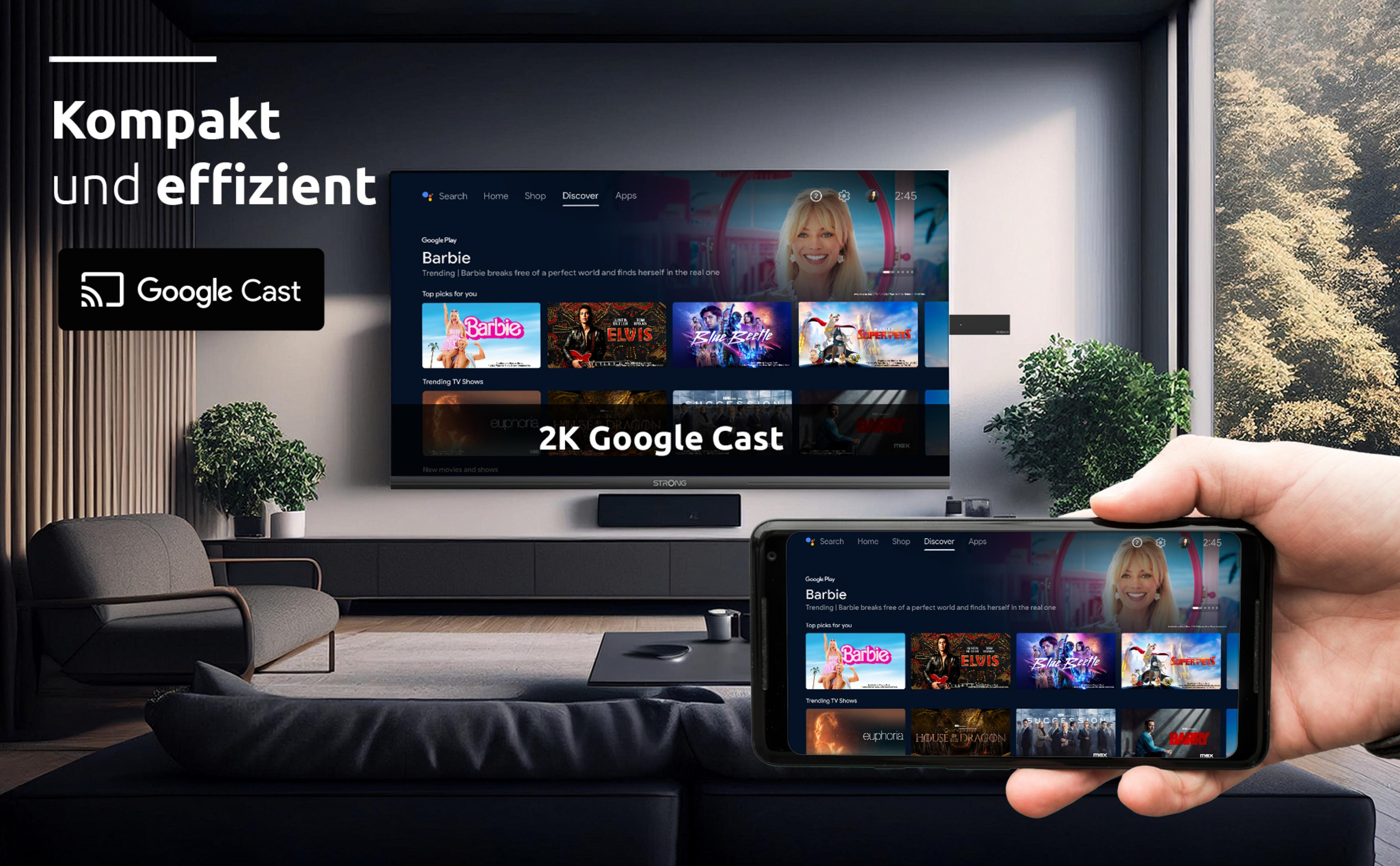Un televisor muestra Barbie de Google Play. Un teléfono muestra lo mismo. Una mano sostiene el teléfono. La habitación tiene un sofá y una silla.