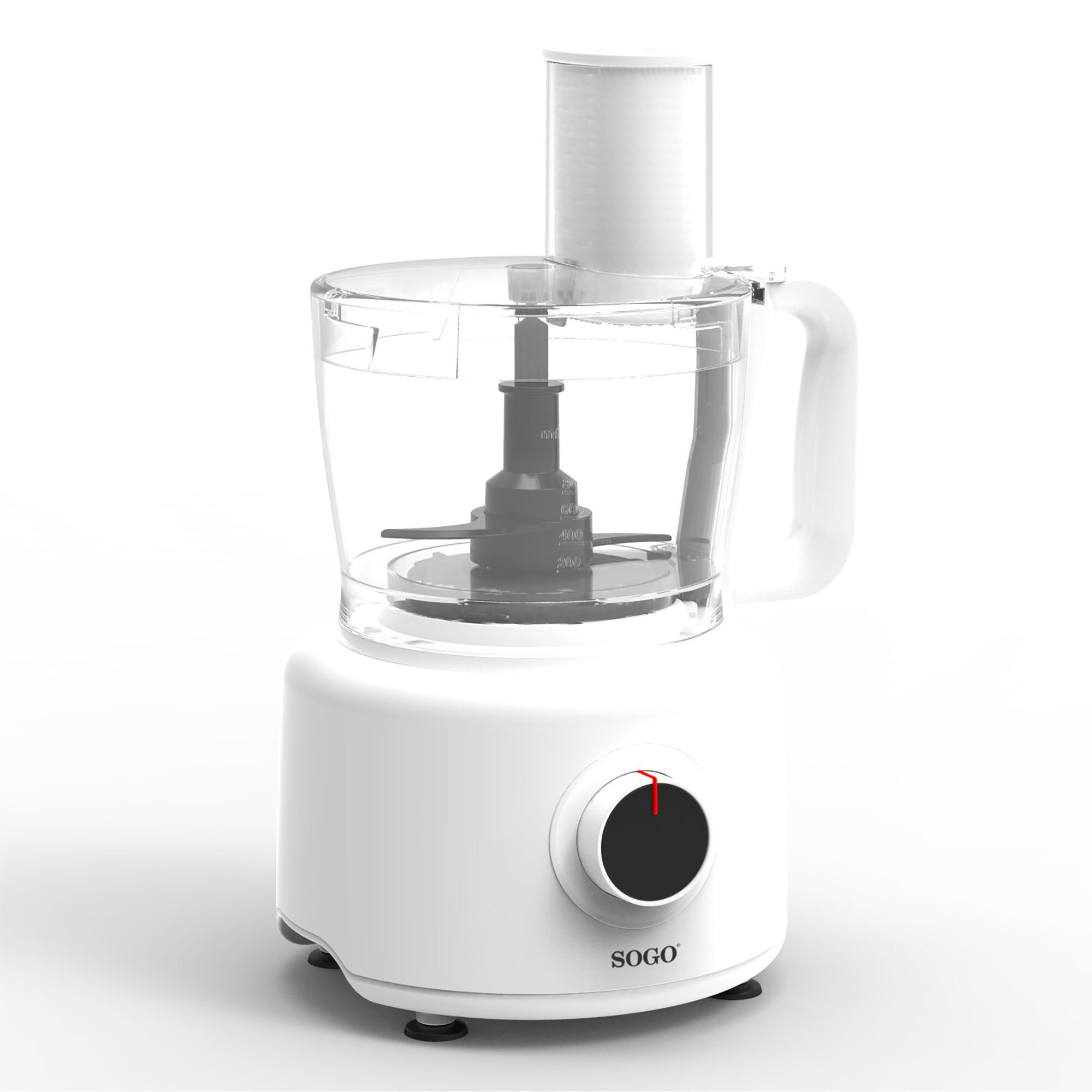 Un procesador de alimentos SOGO blanco. Tiene un cuenco de plástico transparente y una base blanca con un dial. El fondo es blanco.