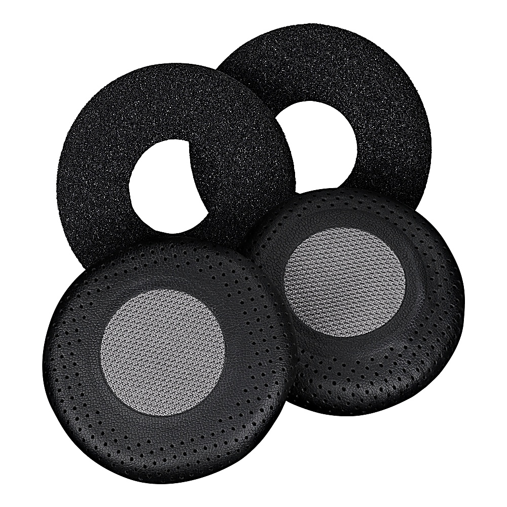 Quattro cuscinetti auricolari neri per cuffie. Due sono in schiuma solida, due hanno un centro in rete e materiale similpelle perforato.