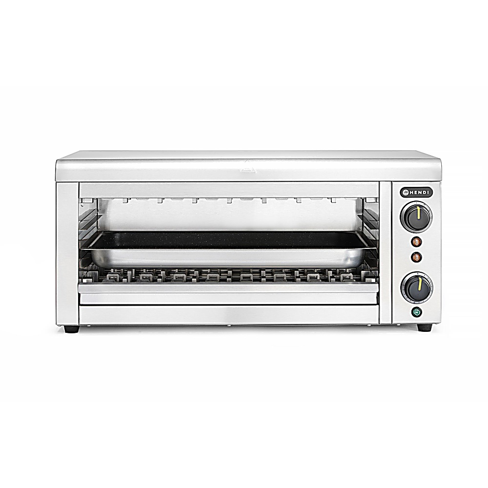 Forno elettrico argentato. La porta in vetro rivela un vassoio. Due manopole e un interruttore on/off sul lato destro. Marchio HENDI.