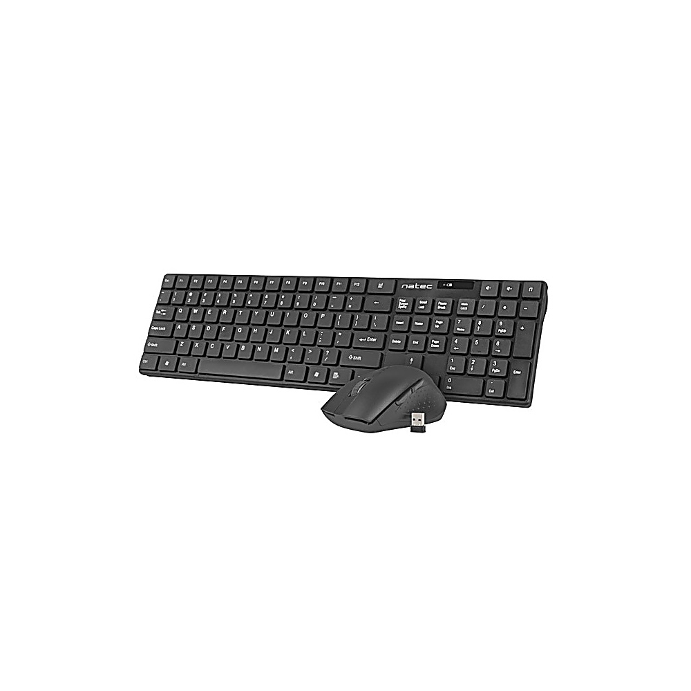 Un set di tastiera e mouse neri su sfondo bianco. La tastiera è full size e il mouse è wireless con ricevitore USB.