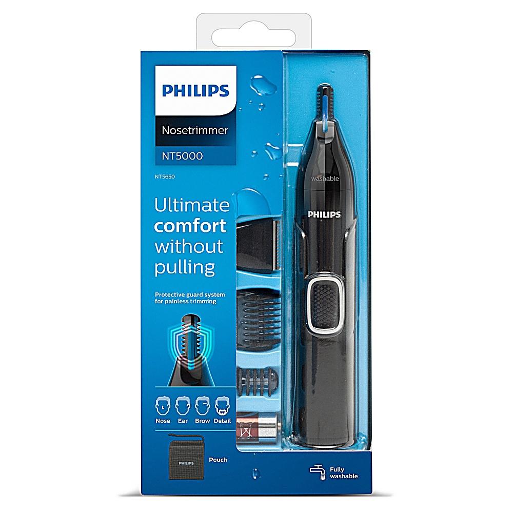 Un regolatore per naso Philips nella sua confezione. La scatola è blu con testo e grafica. Il regolatore è nero.