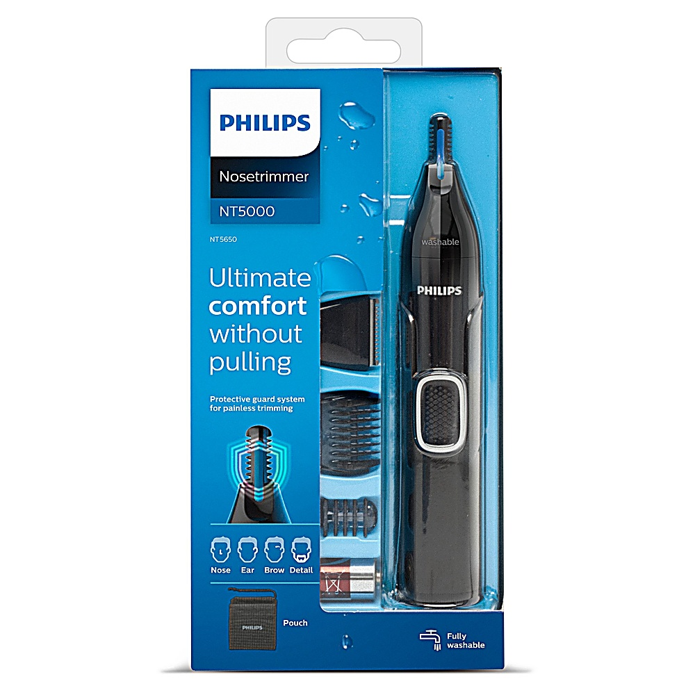 Un tagliacapelli Philips per il naso nella sua scatola. La scatola è blu con i dettagli del prodotto e un tagliacapelli nero.