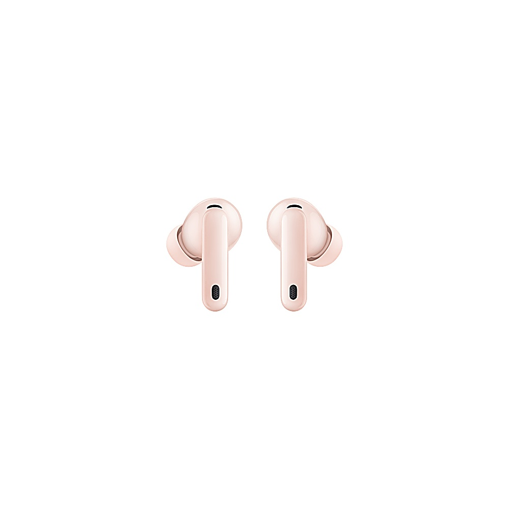 Twee draadloze, roze oortelefoons tegen een witte achtergrond. Elk heeft een steel met een klein zwart puntje.
