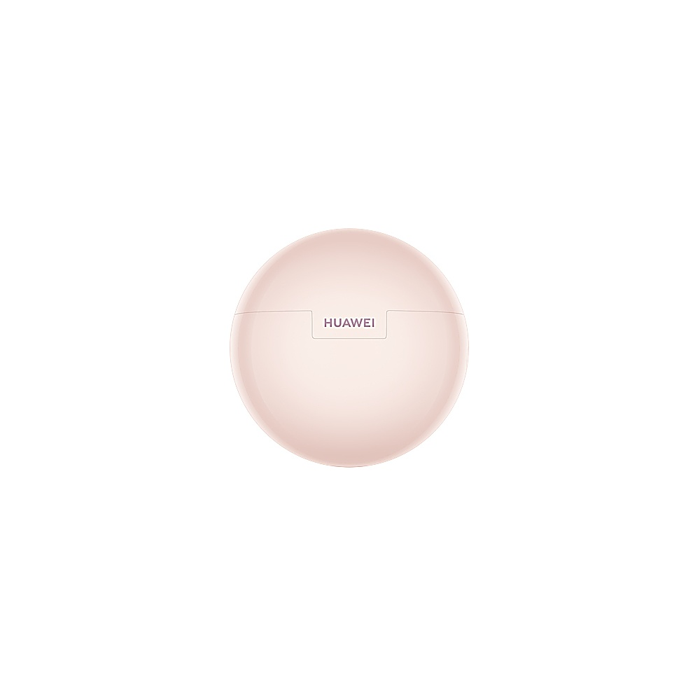 Een ronde, lichtroze Huawei-case. De merknaam 'HUAWEI' staat erop. Achtergrond is effen wit.