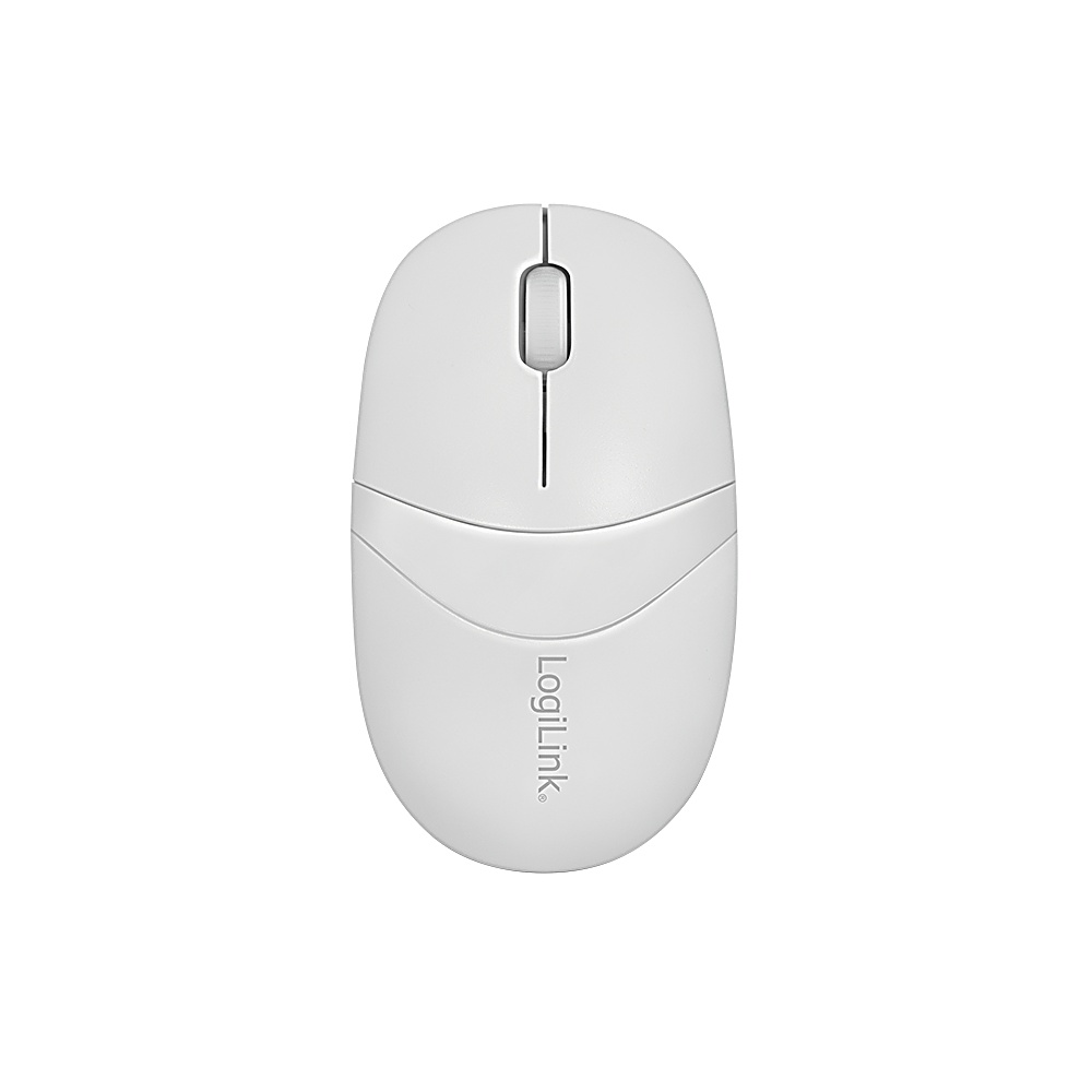 Widok z góry na białą mysz komputerową LogiLink. Ma kółko przewijania i dwa przyciski. Tło jest białe.