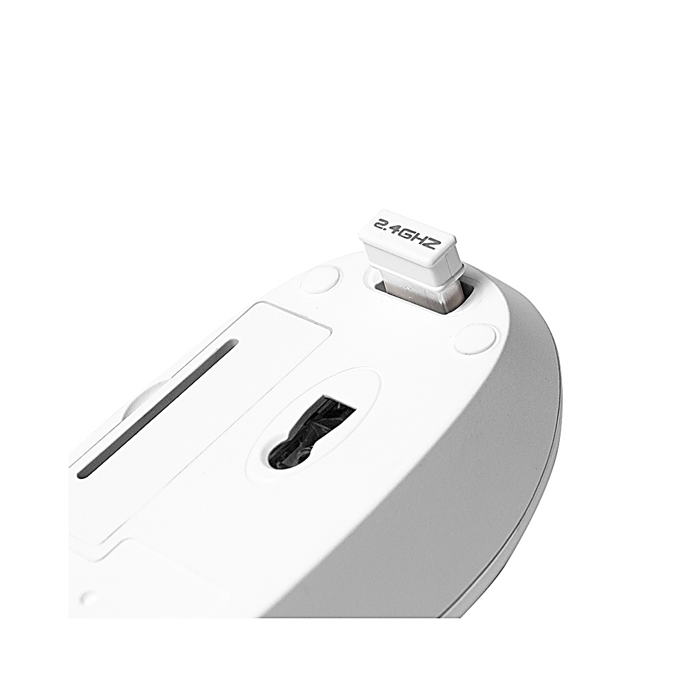 Biała mysz komputerowa z odbiornikiem USB z napisem 2,4 GHz jest pokazana od dołu. Tło jest białe.