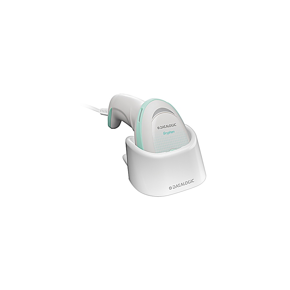 Uno scanner di codici a barre bianco con accento verde menta è in una base bianca. Il marchio Datalogic è visibile.
