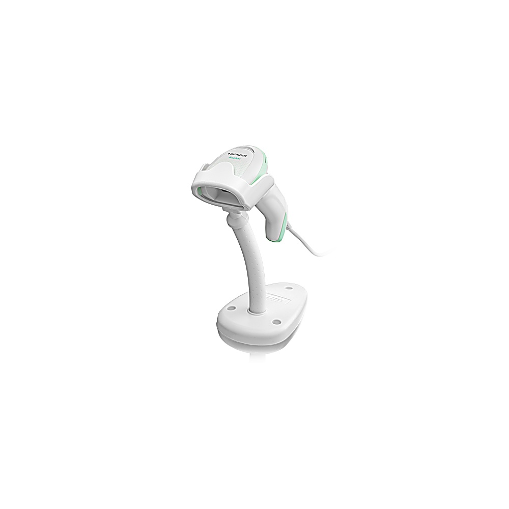 Uno scanner di codici a barre bianco su un supporto bianco. Ha un collo curvo e una testa rettangolare con un accento verde.