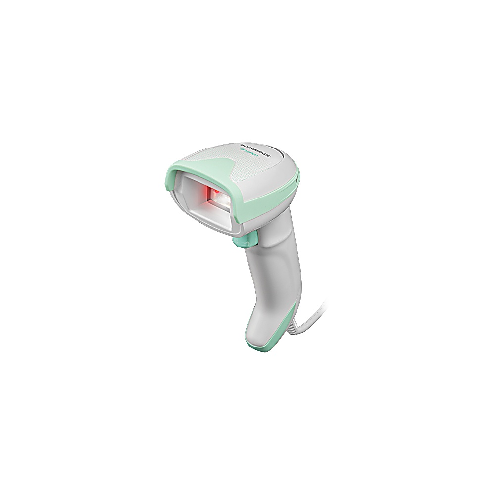 Uno scanner di codici a barre bianco e verde menta su sfondo bianco. Una luce rossa brilla dall'apertura dello scanner.