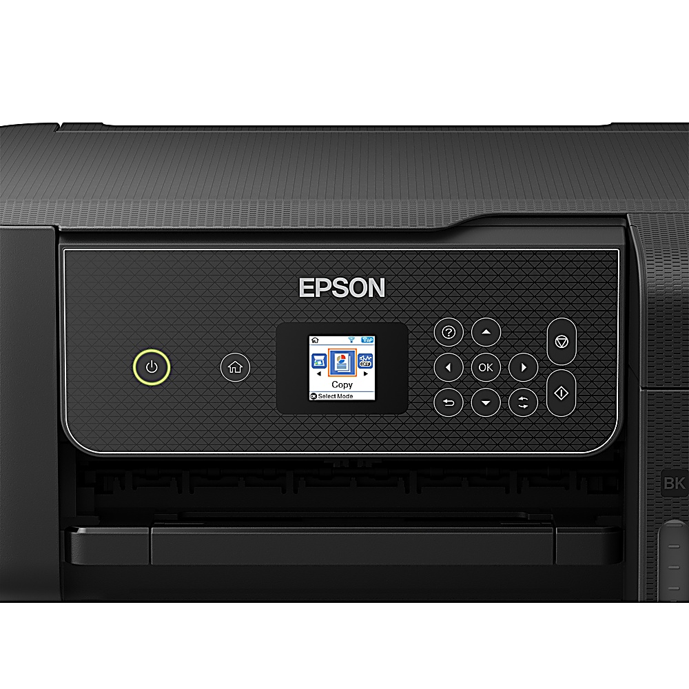 Czarna drukarka Epson z panelem sterowania pokazującym ekran i kilka przycisków. Drukarka ma podajnik papieru.