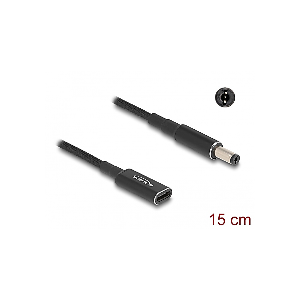 Cavo nero da USB-C a CC. Il cavo è lungo 15 cm. Il connettore CC è a destra. Un primo piano del connettore CC è in alto.