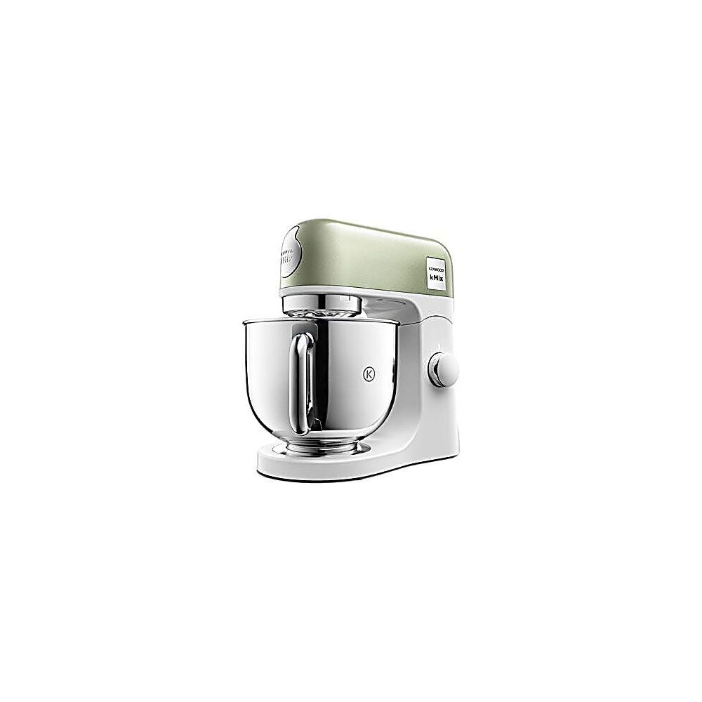 Ein weißer und silberner Kenwood kMix Küchenmixer mit hellgrünem Oberteil. Der Mixer steht auf einer weißen Basis, mit einer silbernen Rührschüssel.