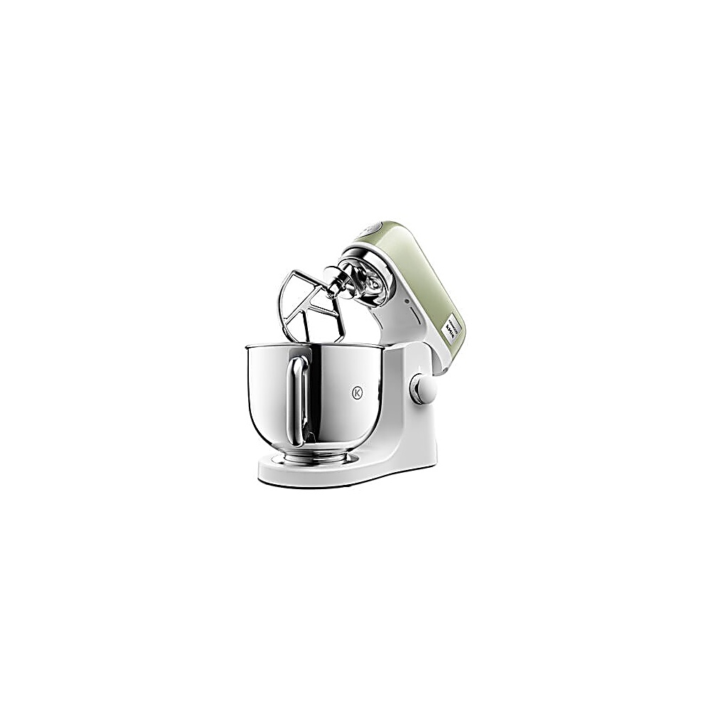 Ein weißer und grüner Küchenmixer auf weißem Hintergrund. Die Schüssel ist silber, der Kopf hellgrün und die Basis weiß.
